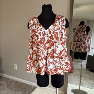 Floral V-Neck Sleeveless Top - Rust and White